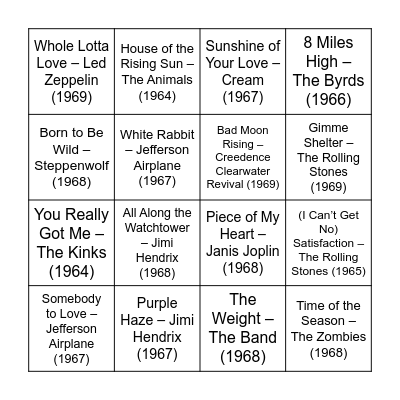 Round 2: 60's Rock Bingo Card