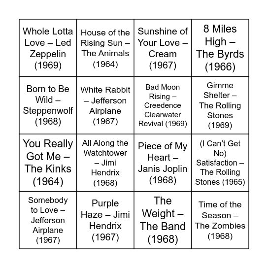 Round 2: 60's Rock Bingo Card