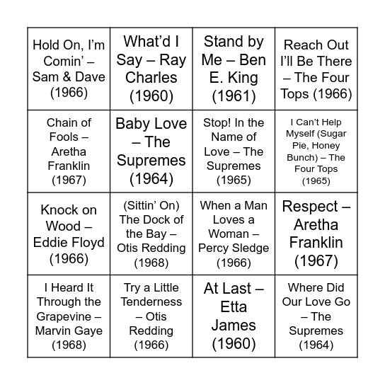 Round 3: 60's Soul/R&B Bingo Card