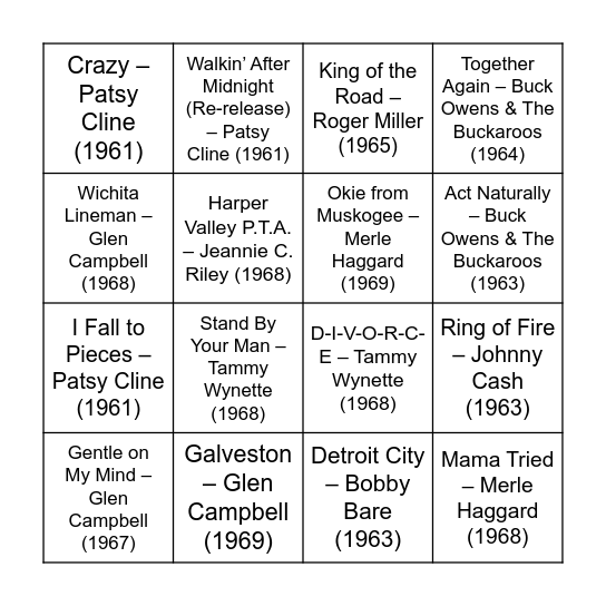 Round 4: Country Bingo Card