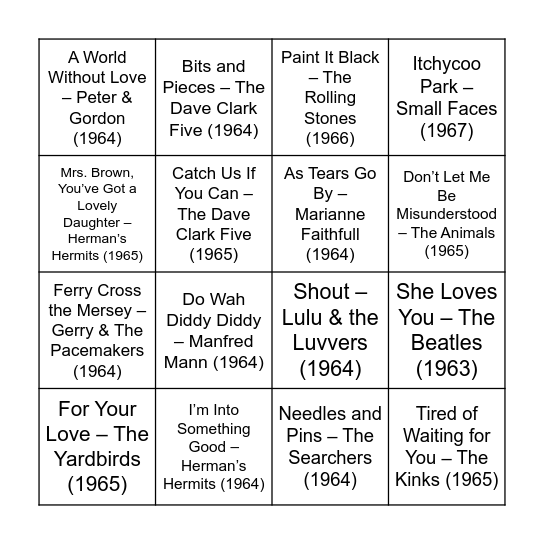 Round 5: 60's British Invasion Bingo Card
