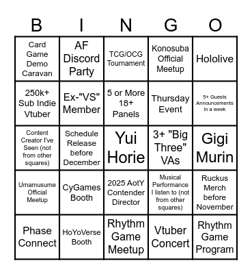 Anime Frontier Bingo Card