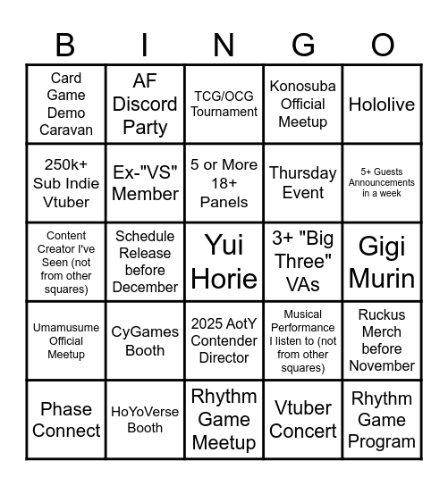 Anime Frontier Bingo Card