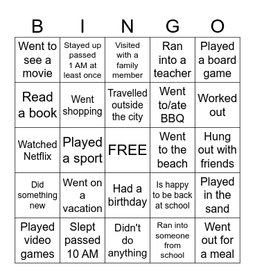 Back to School Bingo- Summer Break addition Bingo Card