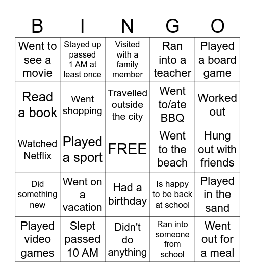 Back to School Bingo- Summer Break addition Bingo Card