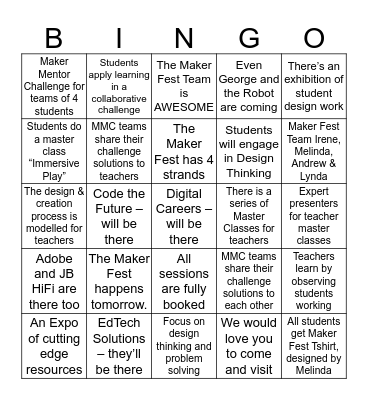 Maker Fest Bingo Card