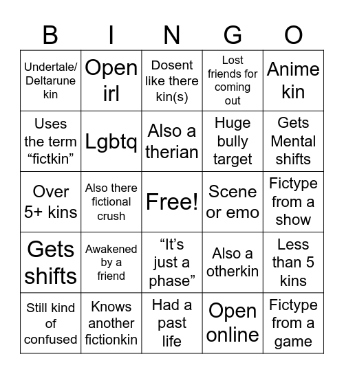 Fictionkin bingo!! ^^ Bingo Card