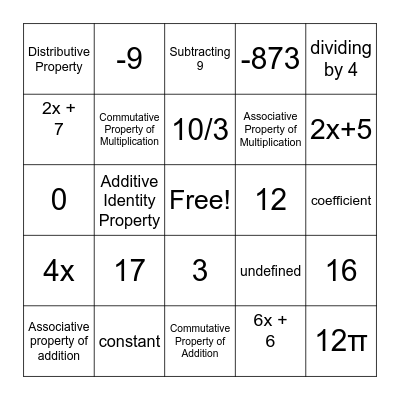 Math 115w Bingo Card