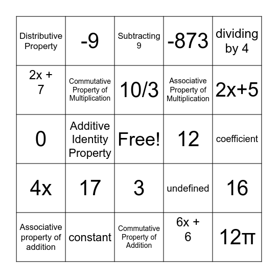 Math 115w Bingo Card
