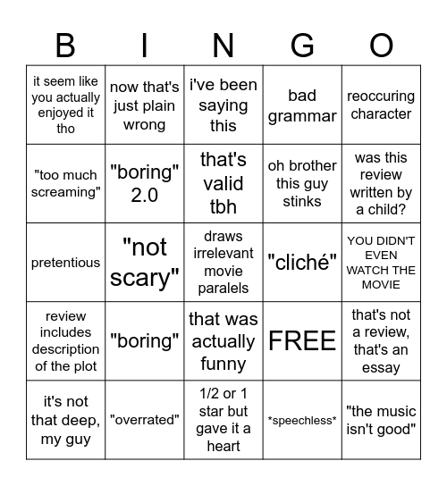 BAD HORROR REVIEWS BINGO Card