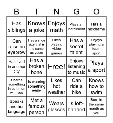 Class Bingo Card