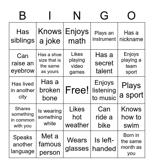 Class Bingo Card