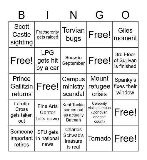 SFU Fall 2025 Bingo Card