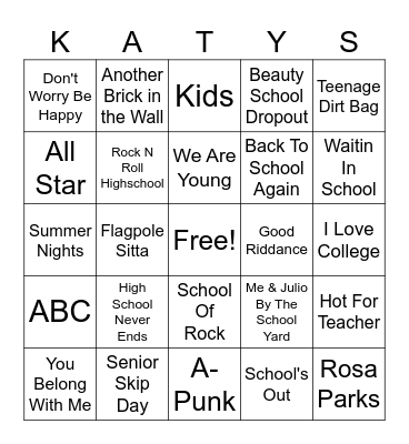 2 Cool 4 School Bingo Card