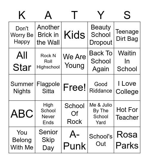 2 Cool 4 School Bingo Card