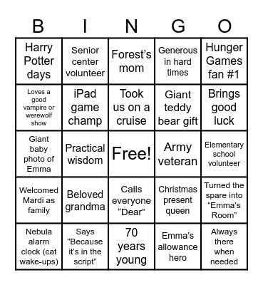 Grandma Laura's Big 70! Bingo Card
