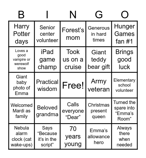 Grandma Laura's Big 70! Bingo Card