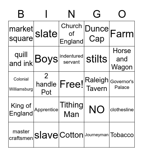 Colonial Bingo Card