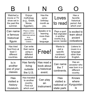 World History Icebreaker Bingo Card