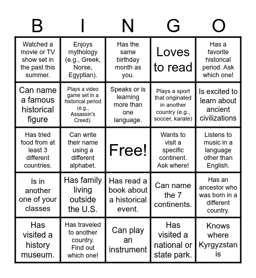 World History Icebreaker Bingo Card