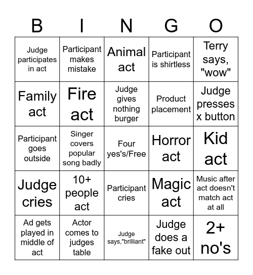 AGT Bingo Card