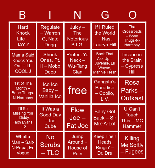 90s Hip-Hop / Rap Bingo Card