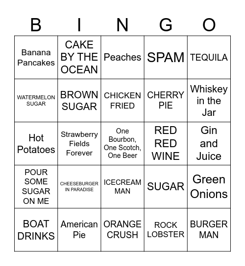 DRINKS AND FOOD Bingo Card