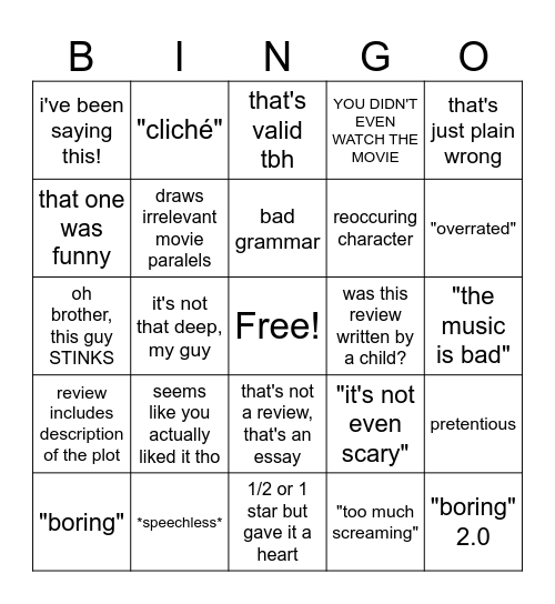 horror bad reviews bingo Card