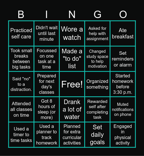 Time Management BINGO Card