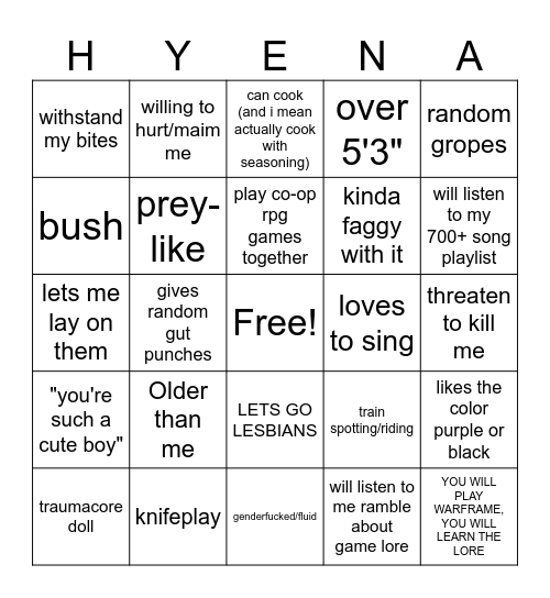 Hyena Type Bingo Card