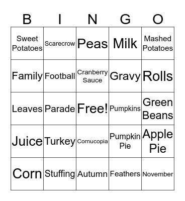 Thanksgiving BINGO Card