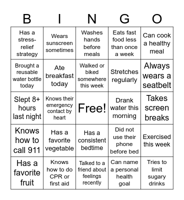 Health Habits Bingo Card