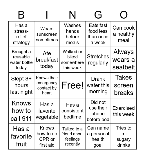 Health Habits Bingo Card