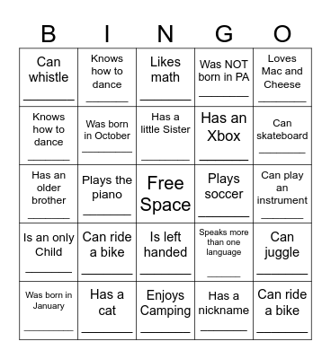 BOY BINGO Card