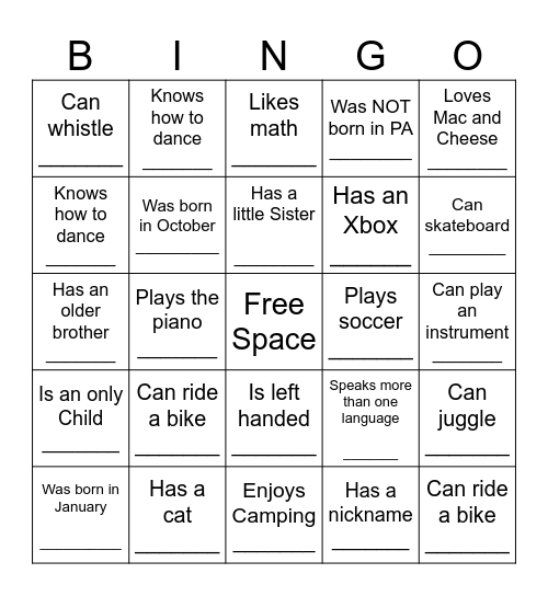 BOY BINGO Card