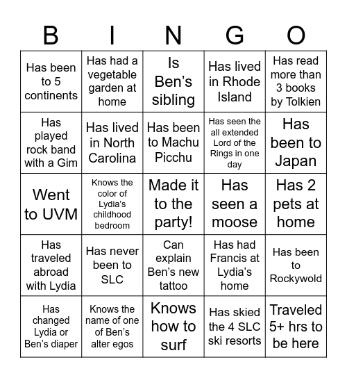 Welcome Party!! Find Someone Who… Bingo Card