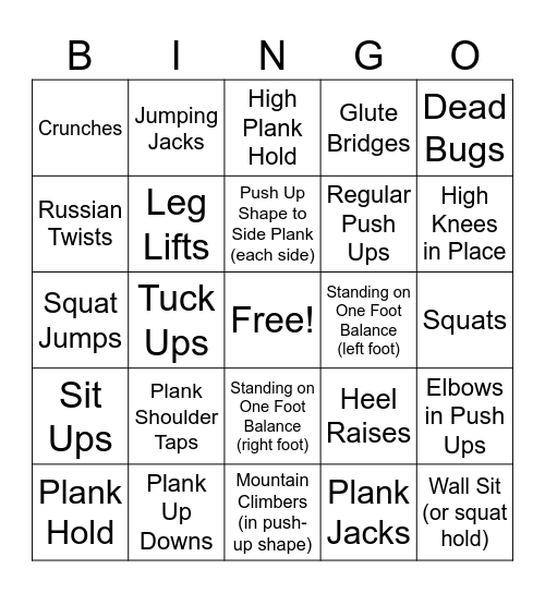 Workout Bingo: Complete Each Exercise for 30 Seconds! Bingo Card