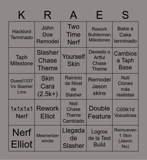 Slasher Update Bingo Card