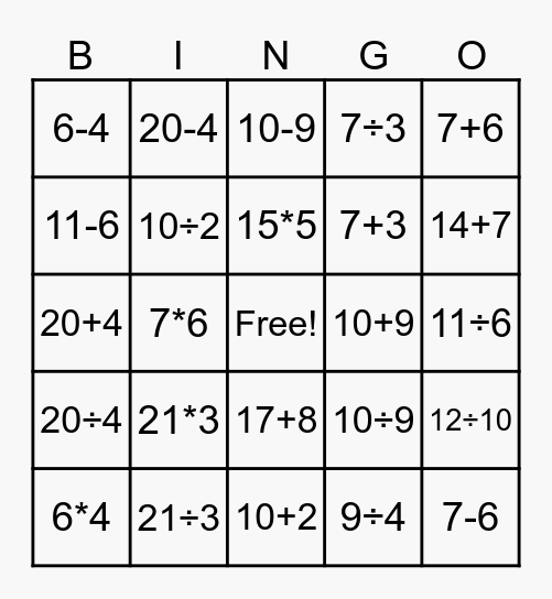 From Words to Math Bingo Card