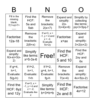 Algebra Bingo Card