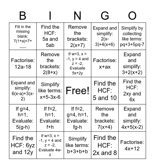 Algebra Bingo Card