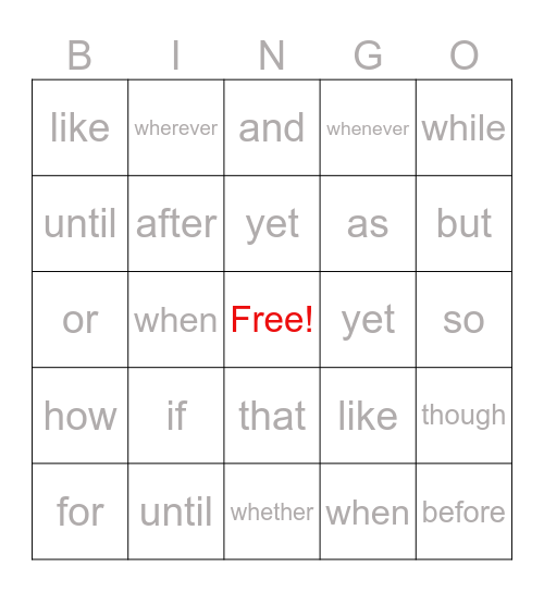 Conjunction sentence bingo Card