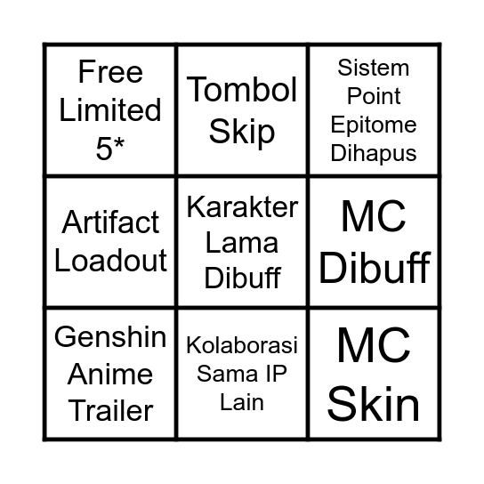 Genshin Special Program 6.0 Bingo Card