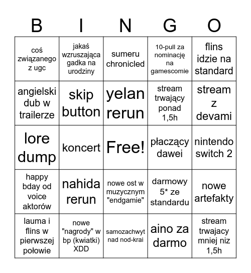 bingo - genshin livestream 6.0 Bingo Card
