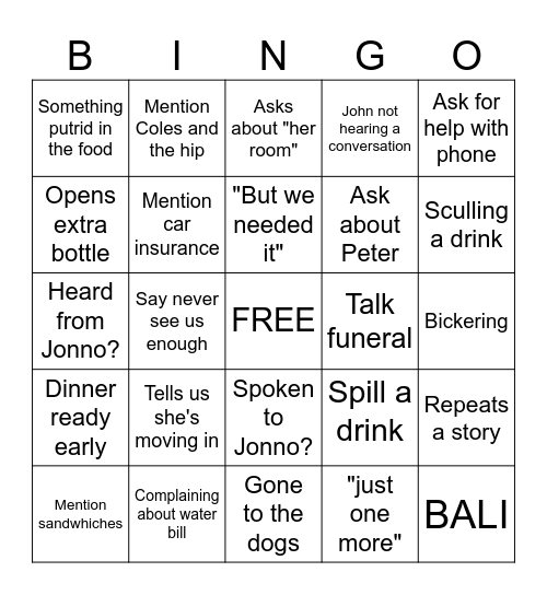 Wednesday Night Dinner Bingo Card