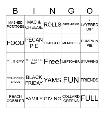 JENNY CRAIG THANKSGIVING Bingo Card