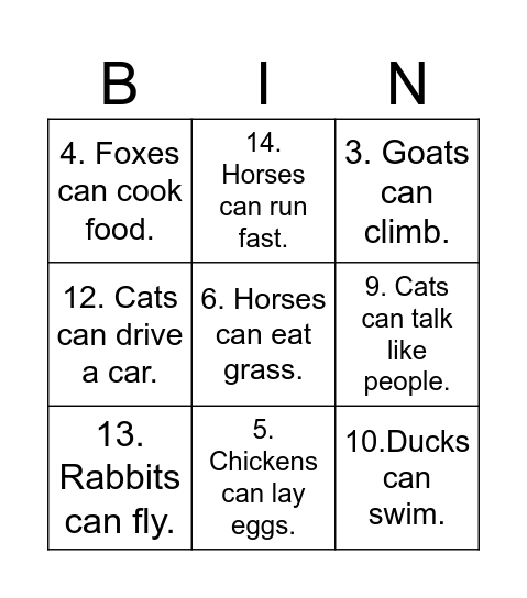ANIMALS and ABILITIES Bingo Card