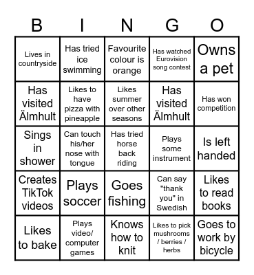 Intro bingo Card