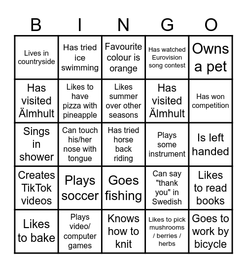 Intro bingo Card