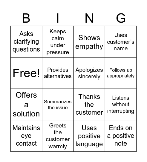 Customer Service Excellence Bingo Card
